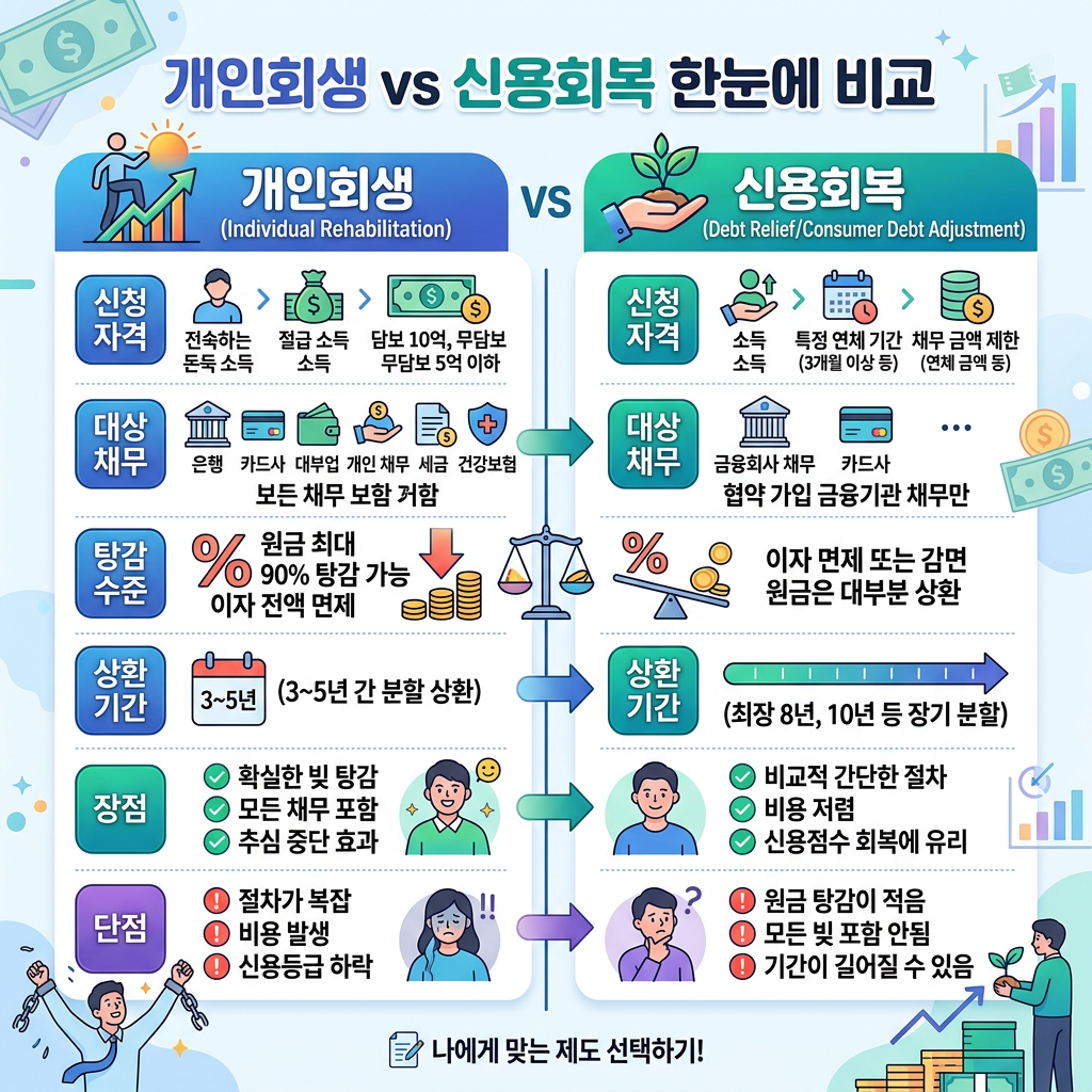 Comparison chart of Individual Rehabilitation and Debt Relief showing eligibility, target debts, debt reduction level, repayment period, advantages, and disadvantages.