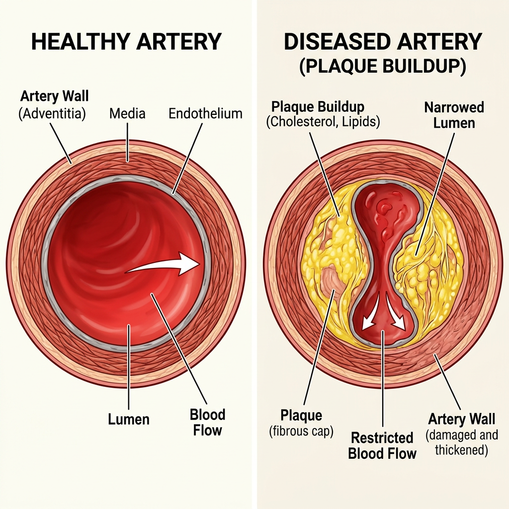 Cross-sections of healthy artery and artery with plaque buildup showing narrowed lumen and restricted blood flow